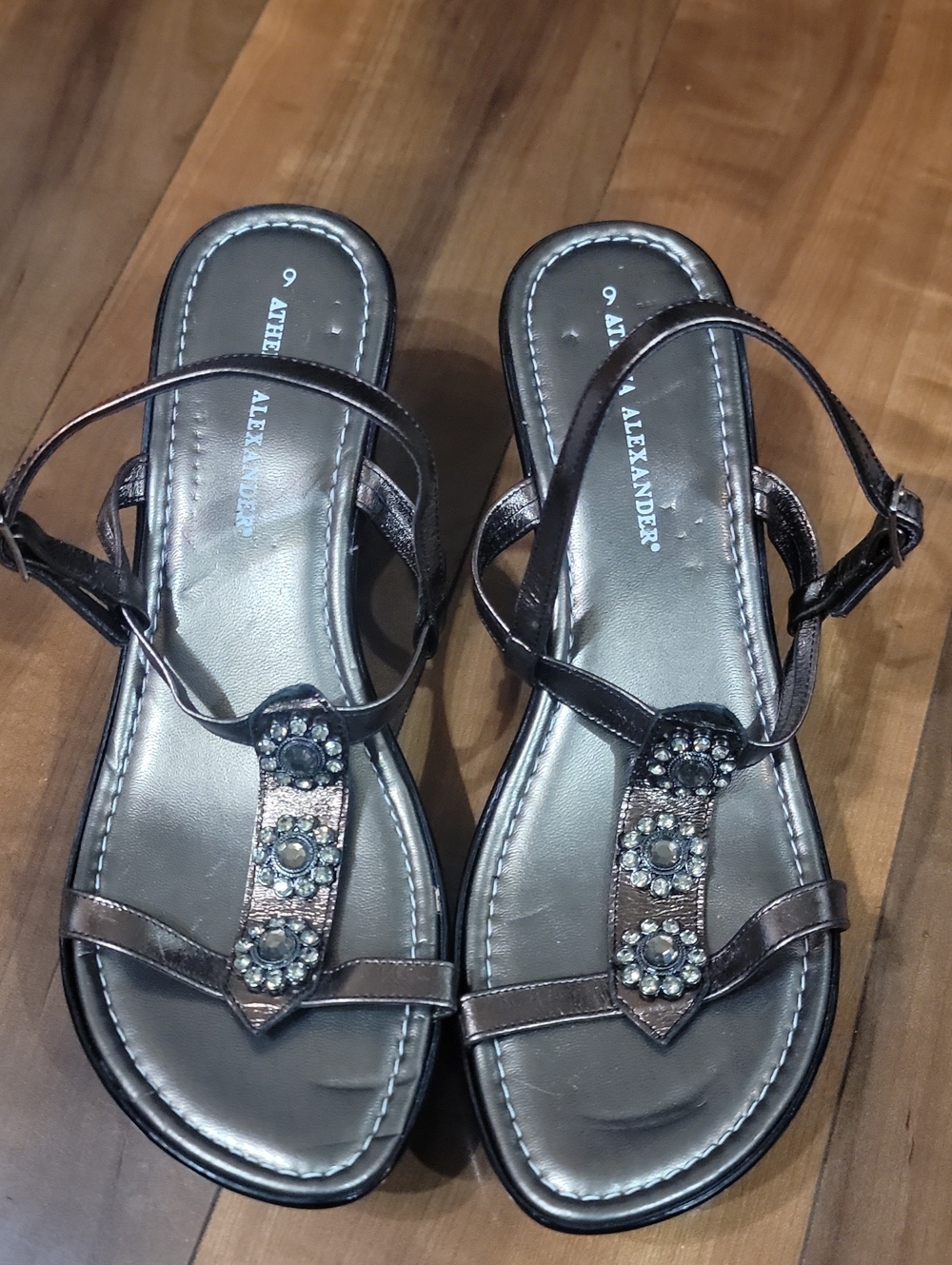 Athena Alexander Metallic Bronze T-Strap Jeweled Sandals